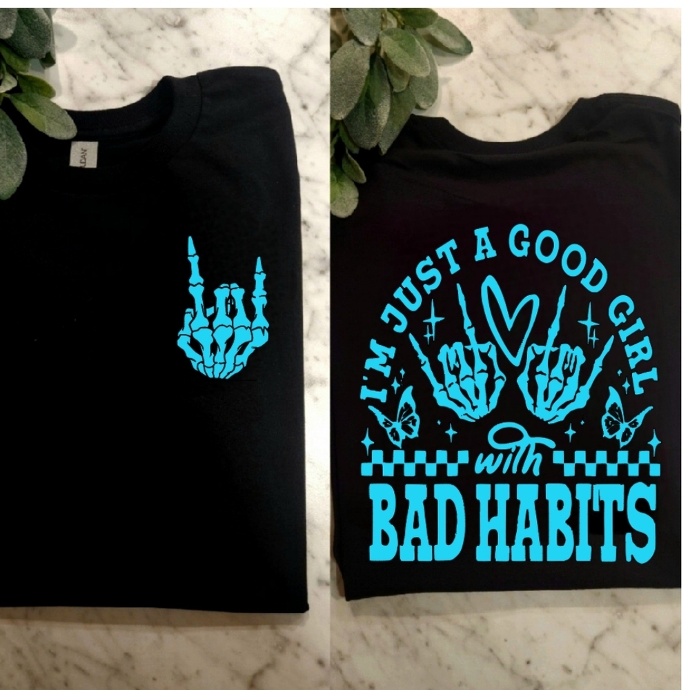 Good girl with bad habits shirt humor retro cute black and blue